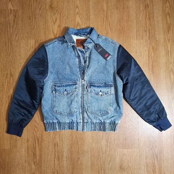 Levi's Premium Sherpa Bomber Jacket Small S Medium Wash Navy Satin 90s Vintage - Picture 3 of 16